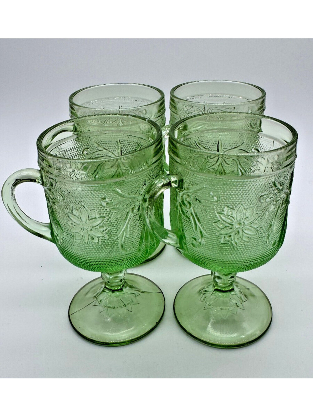 Vintage Tiara Indiana Glass Chantilly Green Footed Mugs Set of 4